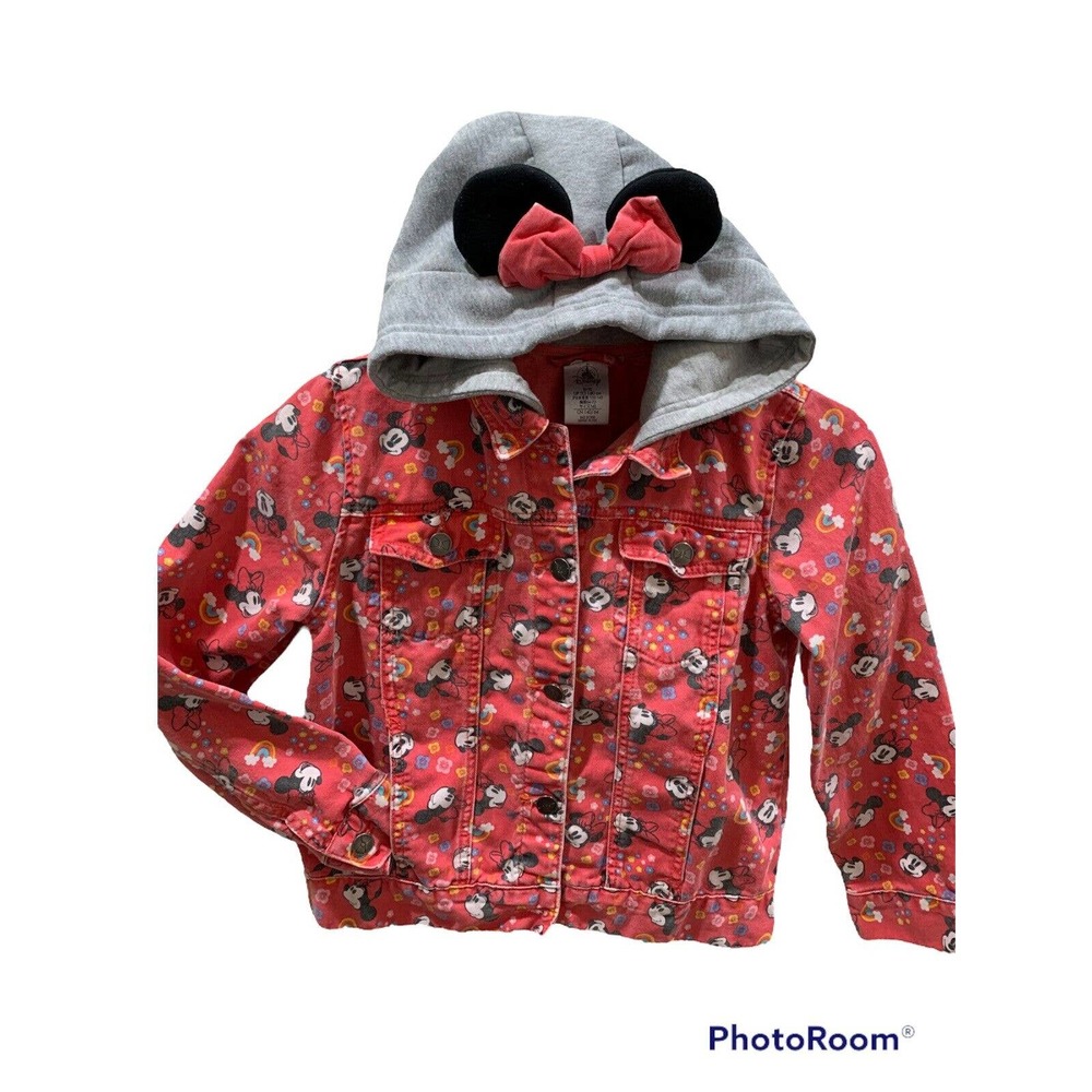 Disney Store Minnie Mouse Girls Hooded Red Denim Jean Jacket Coat Size 9/10